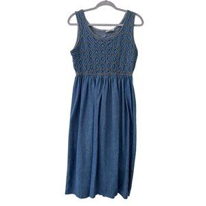 Vintage Blue Denim Sleeveless Crochet Bodice Midi Dress Size SM